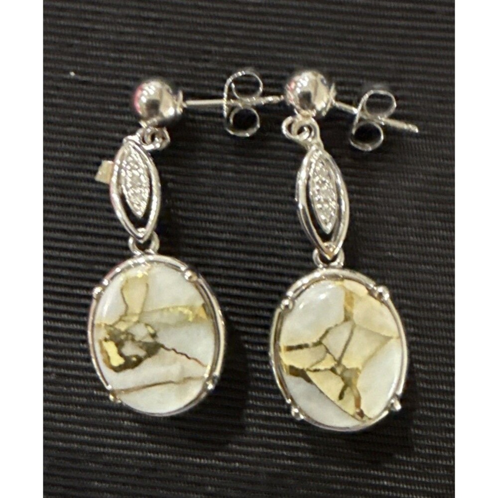 Natural Gold In Quartz Earrings 14 Kt. White Gold With Diamonds